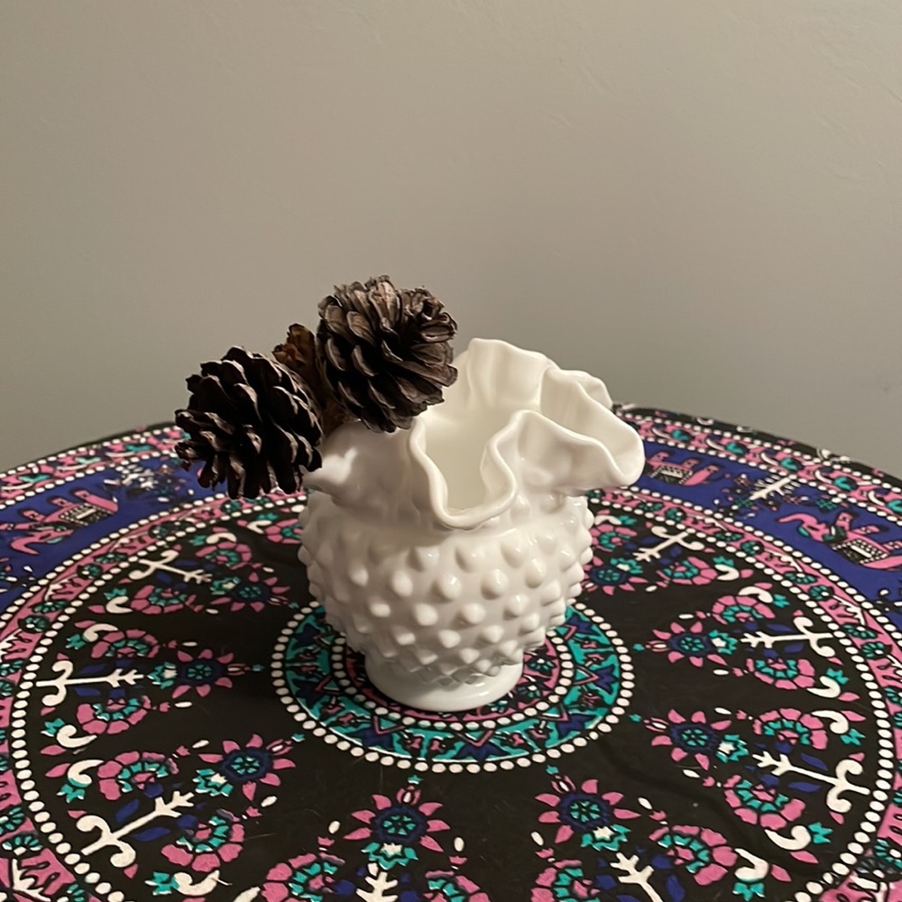 Vintage Milk glass Hobnail Ruffled Small Vase